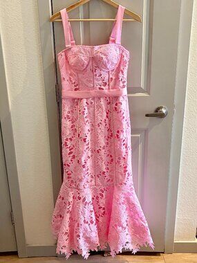 Leo Lin Clover Lace Ruffle Midi Dress in Candy Pink AU 8